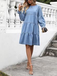 EMERY ROSE Gaun Denim Kasual Minimalis Berkerah Bulat Lengan Panjang dengan Hiasan Ruffle untuk Wanita Ukuran Plus - Medium Wash - View 6