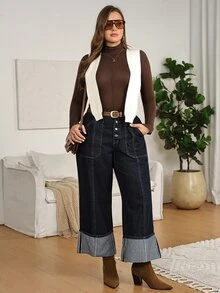 EMERY ROSE EMERY ROSE Plus Size High-Rise Dark-Wash Cuffed Wide-Leg Jeans,Dark-Wash Denim,Office Outfit,Elegant,Casual,Vacation,Business,Country,Western,Halloween,Christmas - Blue - View 4