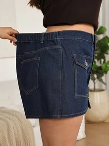 EMERY ROSE EMERY ROSE Plus Size Casual Front Button Denim Shorts,A-Line Denim Mini Skort,Brunch Look,Country Concert,Campus Style,Elegant,Casual,Vacation,Halloween,Christma - Blue - View 3
