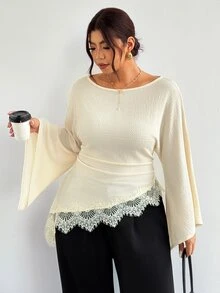 Firerie Plus Size Women's Round Neck Bell Sleeve Contrast Lace Pleated Hem Blouse - Apricot - View 7