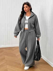 SHEIN EZwear Plus Size Women Solid Color Long Sleeve Zipper Front Hooded Sweatshirt And Sweatpants Casual 2 Pieces Set Fall - Grey - View 4