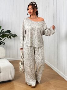 SHEIN EZwear Plus Size Fashion Leopard Print Long Sleeve Top And Loose Pants 2 Pieces Set - Multicolor - View 4