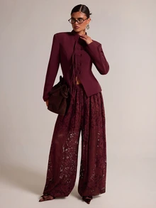 SHEIN BAE 女款純色青蛙鈕扣設計長袖中式西裝外套 - 酒紅色 - 查看 4