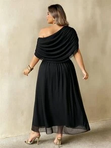SHEIN CURVE+ New Summer Brown Asymmetrical Shoulder Cowl Neck Metal Buckle Decor Plus Size Cinched Waist Flared Mesh Double Layer Dress/Premium - Black - View 2