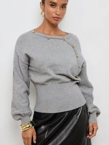 Maija Grey Women's Knitted Top With Asymmetric Front And Metal Button Decor, Urban Casual Holiday - Grey - View 4