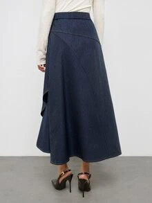 Maija Deep Washed Blue Women's Skirt, Autumn Urban Casual Layered Voluminous Hem - Navy Blue - View 6