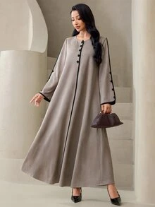 Veilorie فستان عربي أنيق للنساء بحواف متباينة - بني - مشاهدة 4
