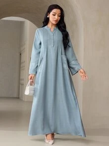 Veilorie فستان عربي للنساء بياقة V محززة وأكمام طويلة وتصميم جيب مطوي - أخضر - مشاهدة 6