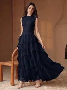 Anewsta Gaun Panjang Wanita Terbaru Tanpa Lengan, Rajutan Crochet, Patchwork, Multi-Layer, Hem Berumbai, Romantis dan Elegan - Navy Blue - View 7