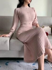 DAZY Autumn/Winter Round Neck Fitted Long Sleeve Elegant Elegant Commute Date Pink Women Sweater Dress - Pink - View 1