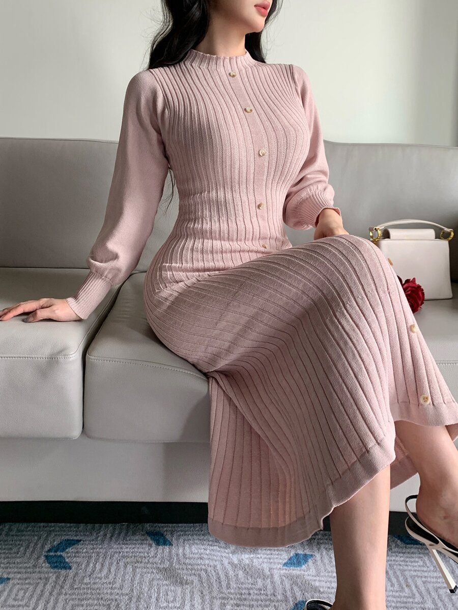 DAZY Autumn/Winter Round Neck Fitted Long Sleeve Elegant Elegant Commute Date Pink Women Sweater Dress - Pink - View 1