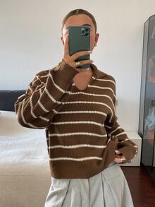 DAZY Women's Vintage Fashion Striped Colorblock Long Sleeve Sweater - Brown - View 3