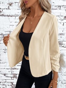 SHEIN Clasi 女款優雅休閒前襟荷葉邊長袖百搭夾克，秋季辦公商務米色 - 杏色 - 查看 5