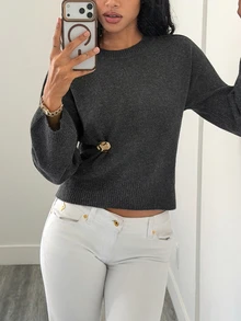 Elenzga Women's Solid Color Round Neck Dropped Shoulder Long Sleeve Side Waist Metal Decor Sweater - Black - View 5