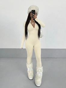 StreetHx 街頭風秋季女款純色長袖半拉鍊連身褲 - 杏色 - 查看 6