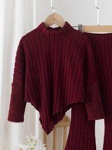 SHEIN Elladie kids 少女款紅色羅紋高領兩件套，高領長袖不對稱上衣配紅色人造毛飾袖口，搭配羅紋喇叭褲，秋冬款 - 紅色 - 查看 6