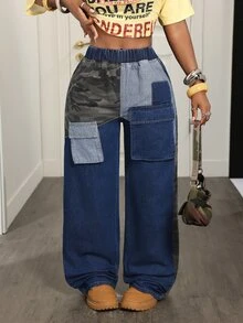 Slaydiva Women's Elastic Waist Colorblock Casual Streetwear Daily Wear Jeans Everyday Going Out Fall - Black - View 1
