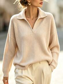 SHEIN Early Autumn New Solid Color Vertical Striped Ribbed Knit Polo Shirt For Women, Loose Fit Drop Shoulder Long Sleeve Half-Open Collar Pullover, Minimalist Versatile Slimming Casual Daily Commute Soft Elegant Top - Khaki - View 3
