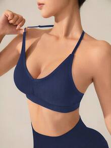 Slayform Slayform Women's Solid Color Halter Neck Daily Fitness Sports Bra (Seamless) - Navy Blue - View 4