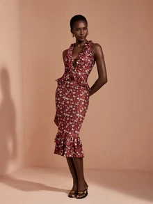 JIAN LASALA Knit Floral Print Sleeveless Halter Neck Ruched Ruffle Layers Midi Dress Elegant Vacation - Red - View 4