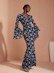 JIAN LASALA Mesh Long Double Layers Sleeve V Overlapped Neckline Uneven Hem Long Dress Vacation Elegant - Multicolor - View 1