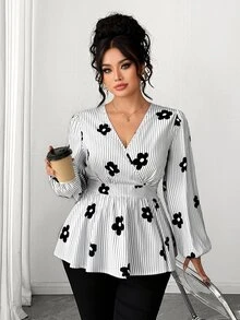 Elenzga Autumn Elegant Daily European And American Style Cross V-Neck Cinched Waist A-Line Pleated Long Sleeve Blouse, Suitable For Daily Commute, Outings, Gatherings And More Occasions, High Cost-Performance - Black and White - View 7