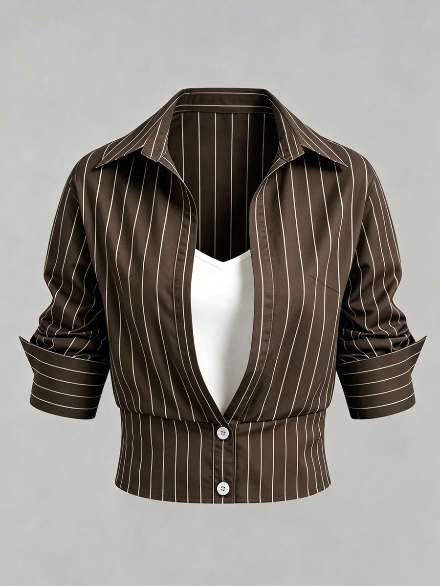 Olithes Kemeja Wanita Kasual untuk Perjalanan, Melangsingkan Pinggang, Model 2 in 1, Garis-garis Biru Tua, Lengan Panjang dan Pendek dengan Kerah. - Khaki - View 1
