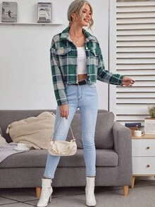 SHEIN Holidaya 女款時尚格紋單排扣長袖夾克，日常上學穿搭，綠色，秋季休閒學院風 - 墨綠色 - 查看 6