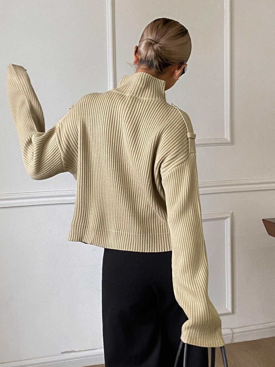 Women's Solid Color Loose Ribbed Long Sleeve High Neck Button Casual Streetwear Korean Style Vacation Thickened Jacket Regular Fit Fall