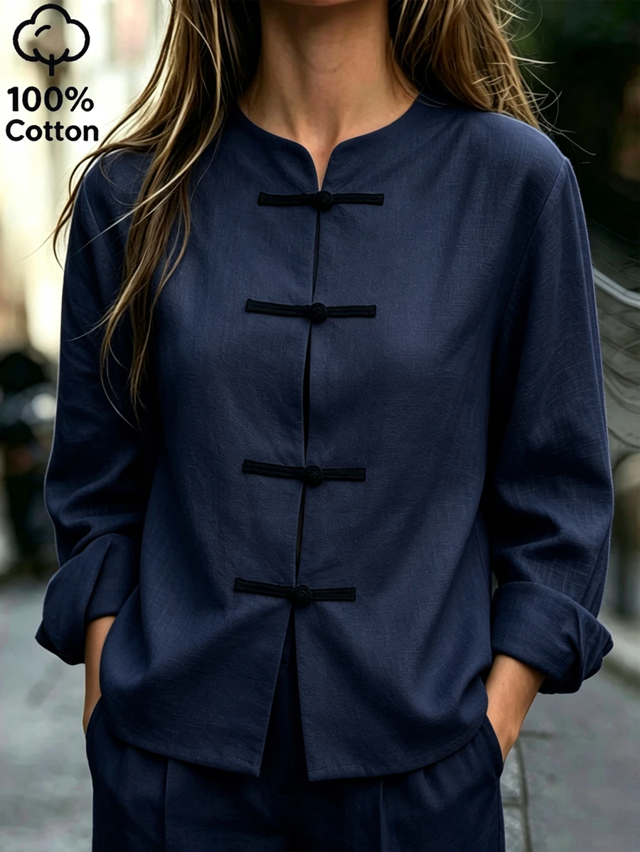 SHEIN Women's Solid Color Frog Button Long Sleeve Vintage Casual Shirt - Navy Blue - View 1