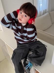 DAZY Infant (Boy) Round Neck Striped Long Sleeve Sweater Fall - Blue - View 3