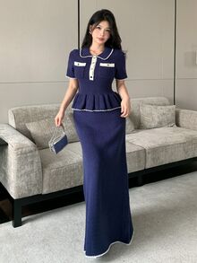 Modelyn Elegant Commuter Short Sleeve Sweater & Knit Skirt 2 Pieces Set - Blue - View 7