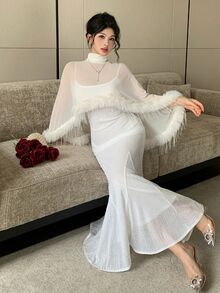 Feyla New Design High-End Luxury Fur Trim High Neck Shawl With Fish Tail Hem Cami Dress Set - White - View 3
