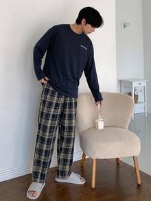 DAZY 夏季字母印花T恤與格紋長褲男士居家休閒套裝 - 彩色 - 查看 7