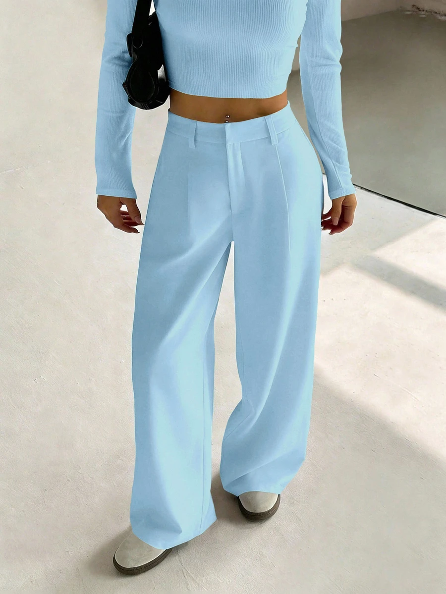Flirla Women's Premium Elegant Slimming Casual Wide Leg Long Pants - Mint Blue - View 1