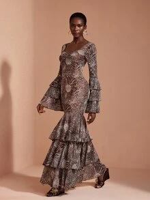 JIAN LASALA Gaun Panjang Berlapis-lapis Elegan dengan Lengan Panjang Berkerut dan Leher Persegi, Model Sweetheart Bustier, dan Detail Korset Bentuk Hati - MultiWarna - View 6