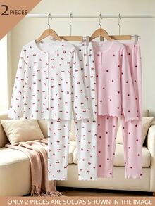 Tween Girl Cherry Bow Print Long Sleeve Long Pants Trim Cardigan Pajama Set Loungewear - Multicolor - View 1