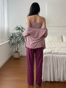 DAZY 3pcs Women's Pajama Set: Star Pattern Camisole Top, Short Cardigan, Long Sleeve Jacket, Straight Long Pants - Purple - View 2