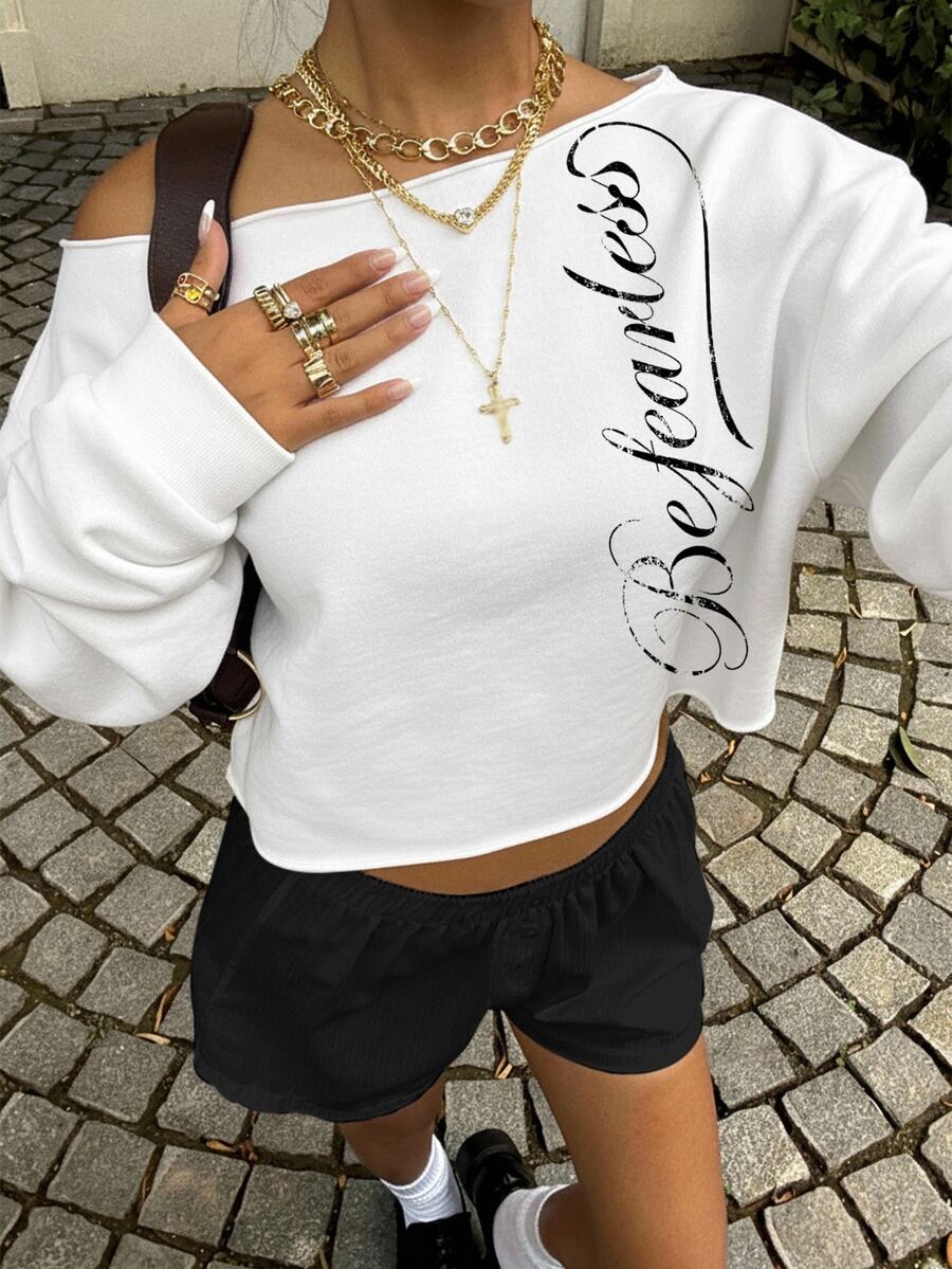 Muchica White Women's Cold Shoulder Short Sweatshirt, Autumn/Winter Loose Casual Long Sleeve Thickened Sweatshirt - White - View 1