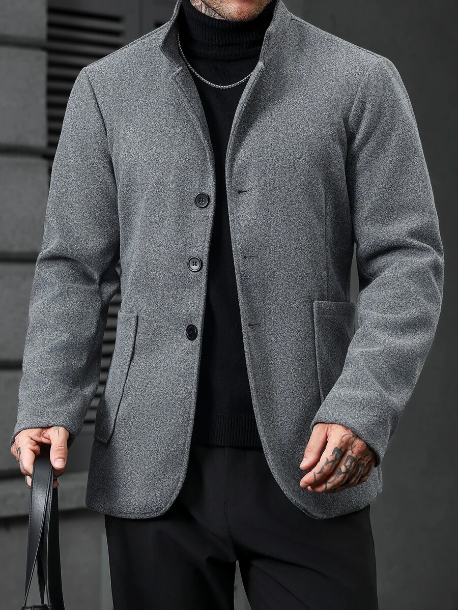 Manfinity CasualCool Men's Autumn/Winter Classic Versatile Double Large Pocket Design, Open Front Stand Collar Casual Mature Outwear Wool Coat - Grey - View 1