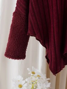 SHEIN Elladie kids 少女款紅色羅紋高領兩件套，高領長袖不對稱上衣配紅色人造毛飾袖口，搭配羅紋喇叭褲，秋冬款 - 紅色 - 查看 7