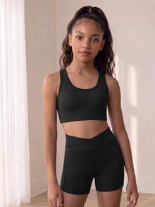 SHEIN 青少年女孩運動服黑色針織運動背心，雙肩帶交叉露背設計，親膚修身連身款，校園休閒，夏季健身房適用 - 黑色 - 查看 7
