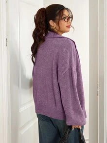 Lounesse Women's Plus Size Casual Double Zipper Sweater, Autumn/Winter - Purple - View 2