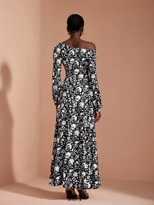 JIAN LASALA Gaun Panjang Rajut Model Off Shoulder Lengan Panjang Berkerut Elegan untuk Liburan - MultiWarna - View 2
