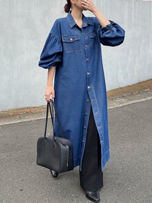 FRIFUL Gaun Denim Kasual Musim Panas Wanita dengan Kancing Tunggal - Biru - View 5
