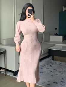 DAZY Autumn/Winter Round Neck Fitted Long Sleeve Elegant Elegant Commute Date Pink Women Sweater Dress - Pink - View 4