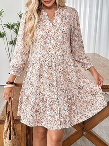 EMERY ROSE Gaun Wanita Kasual Motif Cetak Seluruh Permukaan Gaya Cottage Core untuk Liburan Sehari-hari Musim Gugur, Warna Putih Gading - Hijau - View 6