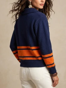 SHEIN Textured Personalized Contrast Color Cardigan Casual Knit Sweater Jacket - Royal Blue - View 2