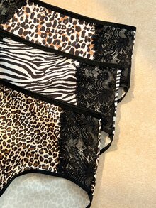 Bare Chapter 3pcs Plus Size Women's Contrast Lace Zebra & Leopard Print Panties - Multicolor - View 5