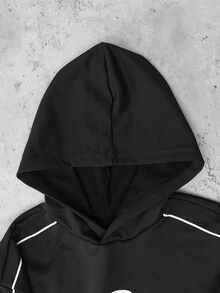 青少年男孩純黑色厚款人氣戶外連帽落肩運動衫與時尚休閒運動慢跑束口長褲 2件套 - 黑色 - 查看 5
